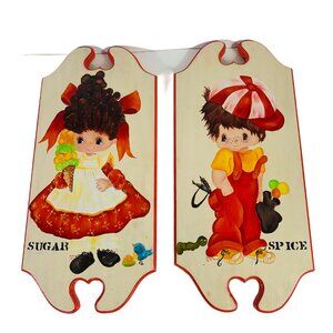Kitsch 80s Big Eyes Boy Girl Set Wooden Wall Plaques Art Sugar Spice Artist Sign
